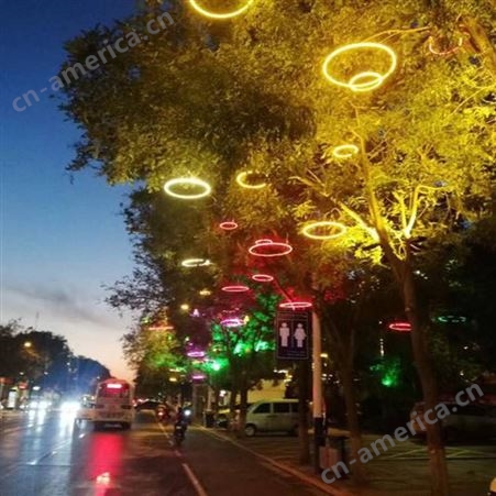 城市沿街道路树木夜景灯光 路边路灯led户外亮化设计