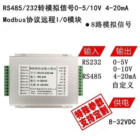 rs485转4-20mA modbus 协议远程IO模块 0-10V标准模拟信号输出