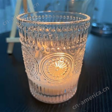 复古浮雕水杯 玻璃杯 圆形 奶茶牛奶果汁透明水杯 太阳花玻璃杯